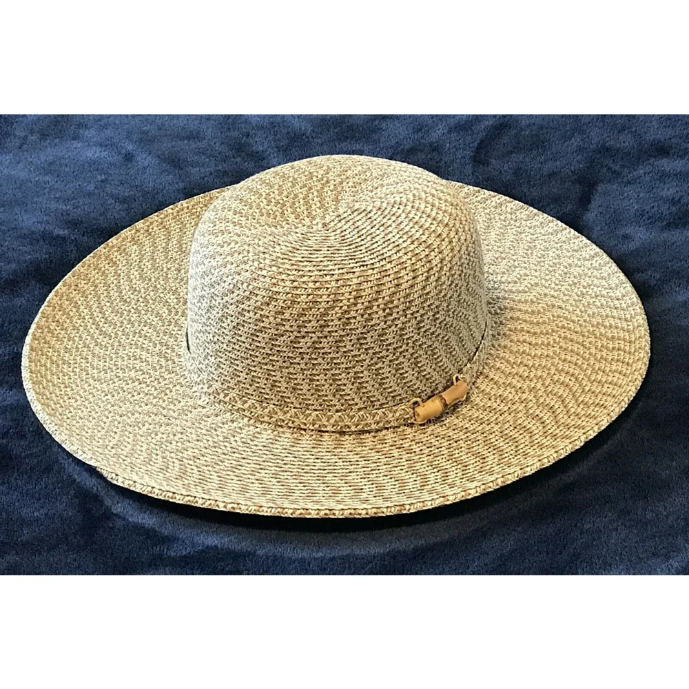 Nine & Co Floppy Sun Hat Nine West Decorative Band Bamboo Bead Woven Beige Tan
